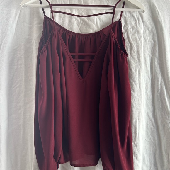 SUGAR + LIPS | WOMEN’S SHEER OFF-THE-SHOULDER BLOUSE | BURGUNDY | SMALL | NWT - Picture 7 of 11